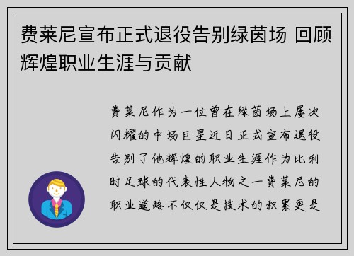 费莱尼宣布正式退役告别绿茵场 回顾辉煌职业生涯与贡献